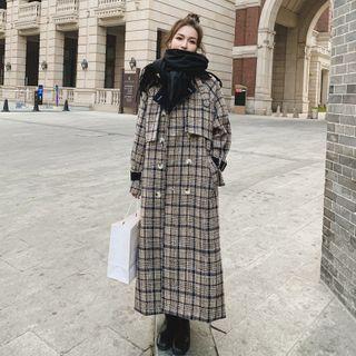 Plaid Lapel Double-breasted Long Wool Coat