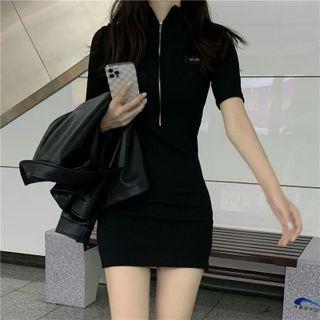 Short-sleeve Half-zip Knit Mini Dress