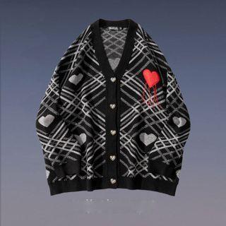 Heart Print Plaid V-neck Cardigan