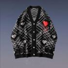 Heart Print Plaid V-neck Cardigan