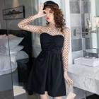Set: Dotted Long-sleeve Mesh Top + Strapless A-line Mini Dress