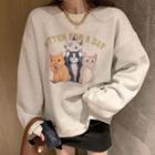 Cat Print Sweatshirt / Faux Leather Mini Skirt