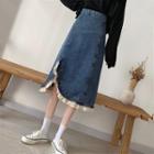 Eyelet Trim Slit Denim Midi A-line Skirt