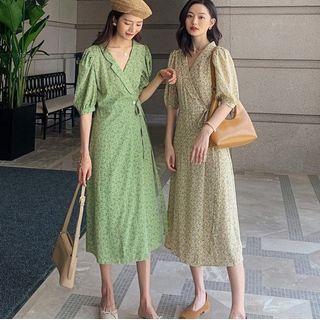 Short-sleeve Floral Print A-line Midi Wrap Dress