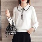 Long-sleeve Collared Ruffle-trim Knit Top