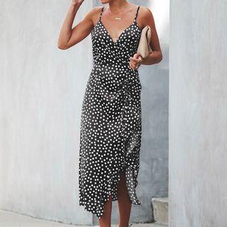 Dotted Ruffle-trim Strappy Midi A-line Dress