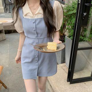 Short-sleeve Plain Shirt / Single Breasted Overall Dress