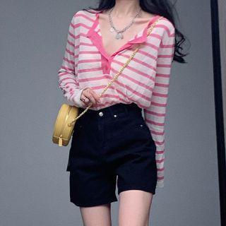 Long-sleeve Striped Henley T-shirt / Shorts