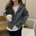 Lapel Zip Long-sleeve Knit Top Gray - One Size