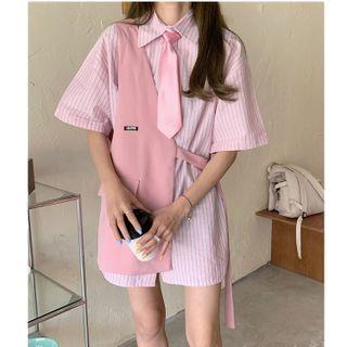 Elbow-sleeve Striped Shirt Dress / Vest