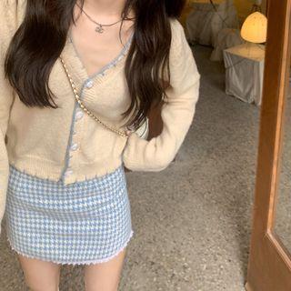 Houndstooth Lace Trim Mini Pencil Skirt