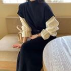 Puff-sleeve Blouse / Mock-neck Midi Knit Dress
