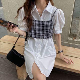Spaghetti Strap Plaid Top / Short-sleeve Shirt Dress