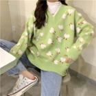 Heart Print V-neck Sweater