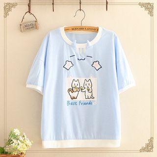 Contrast-trim Cat Embroidered Short-sleeve Top