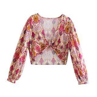 Long-sleeve Twisted Print Crop Top