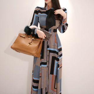 Bow-neck Print Midi A-line Shirt Dress