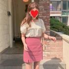 Short-sleeve Lace Trim Blouse / Slit-side Mini Skirt