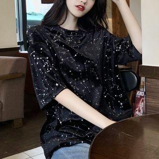 Velvet Loose-fit Short-sleeve Top Black - One Size