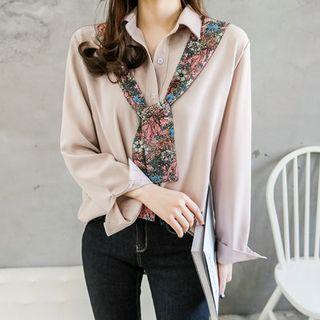Tie-front Floral-panel Layered Blouse