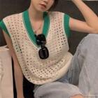 V-neck Contrast Trim Sweater Vest Almond & Green - One Size