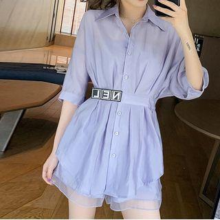 Set: Elbow-sleeve Lettering Shirtdress + Chiffon Shorts