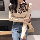 Leopard Bow Long-sleeve Slim-fit Knit Top