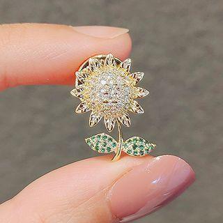 Sunflower Faux Crystal Alloy Brooch Ly814 - Gold & Green - One Size
