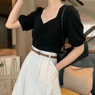 Puff-sleeve T-shirt / Midi A-line Skirt With Belt