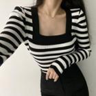 Long-sleeve Square Neck Striped Knit Top