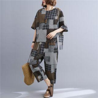 Set: Elbow-sleeve Paneled Blouse + Harem Pants Gray & Black - One Size