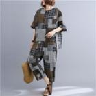 Set: Elbow-sleeve Paneled Blouse + Harem Pants Gray & Black - One Size