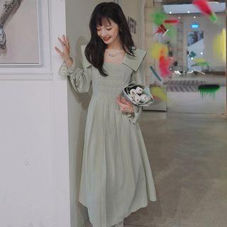 Bell-sleeve Pleated Midi A-line Dress