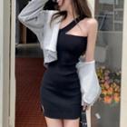 One-shoulder Knit Mini Sheath Dress Black - One Size