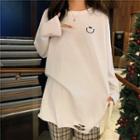 Long-sleeve Cartoon Embroidered Distressed T-shirt White - One Size