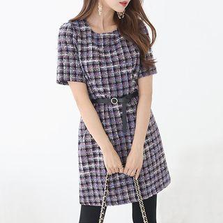Wool Blend Plaid Tweed Dress With Belt