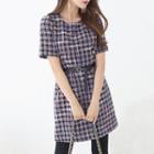Wool Blend Plaid Tweed Dress With Belt