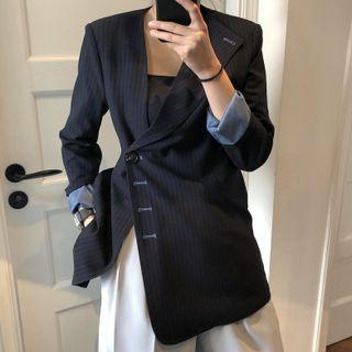 Asymmetrical Pinstriped Blazer Pinstripe - Dark Blue - One Size
