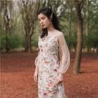 Floral Print Mesh Long-sleeve Midi Dress