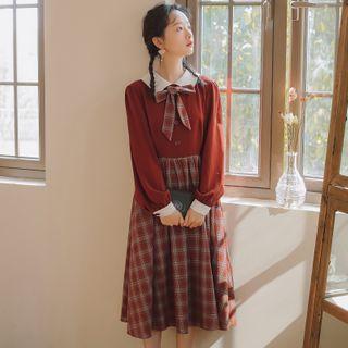 Tie Neck Blouse / Plaid Midi A-line Skirt / Mock Two Piece Dress