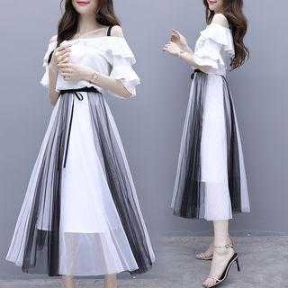 Set: Cutout Shoulder Ruffle Midi Dress + Drawstring Mesh Maxi Skirt