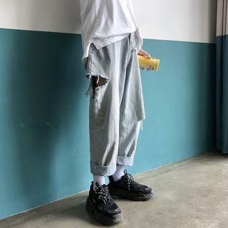 Washed Straight-cut Ripped Jeans