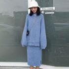 Mock Collar Half-zip Sweater / V-neck Knit Vest / Midi Knit Skirt