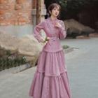 Long-sleeve Frill Trim Tiered Corduroy Maxi A-line Dress
