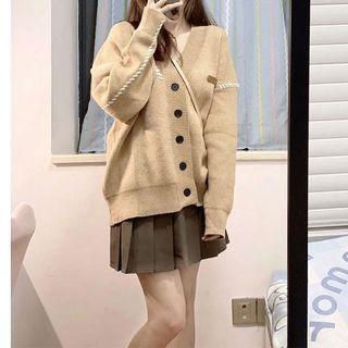Contrast Stitch V-neck Cardigan / Pleated Mini A-line Skirt