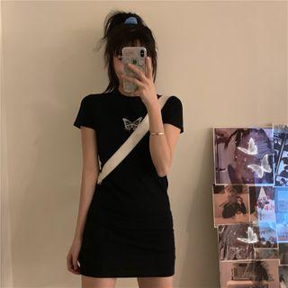 Short-sleeve Butterfly Embroidered Bodycon Mini Dress Black - One Size