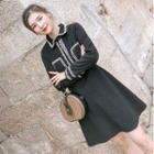 Color Block Flower Trim Lapel Long-sleeve Dress