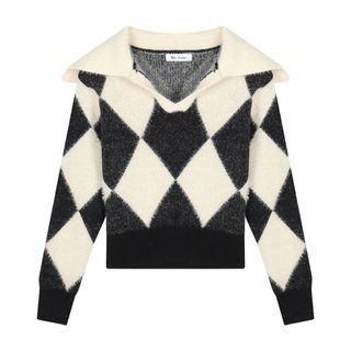 Argyle Collared Cropped Sweater Sweater - Black & White - One Size