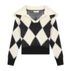 Argyle Collared Cropped Sweater Sweater - Black & White - One Size