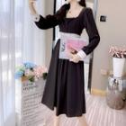 Square-neck Lace Panel Midi A-line Dress